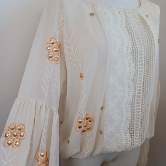 The Wallflower Boho Blouse Embroidered Lace Cream Orange Womens Large - Picture 4 of 12